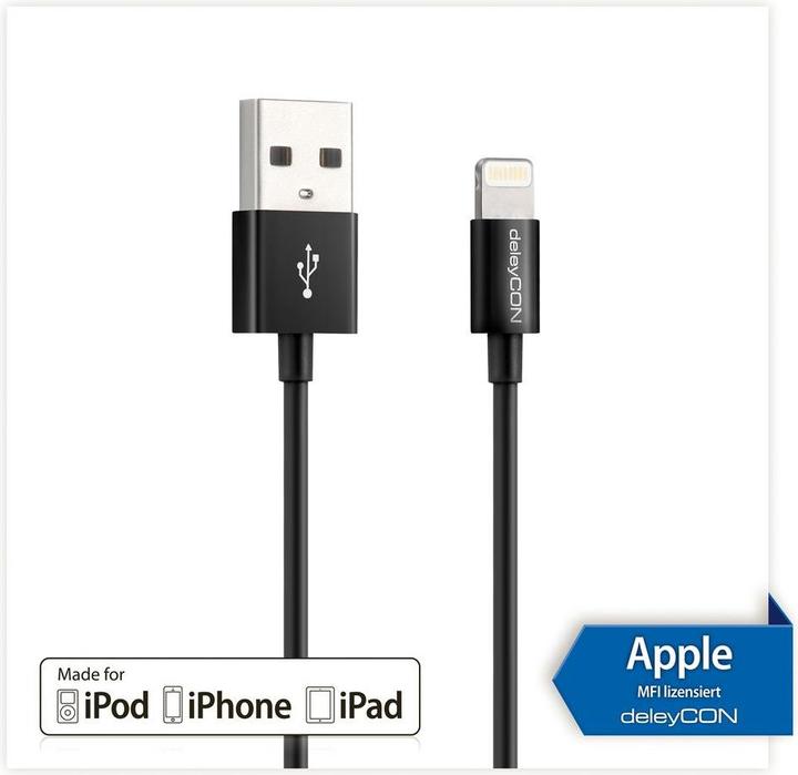 Actual product image deleyCON Lightning USB cable 2m, black (2 m, USB 2.0)