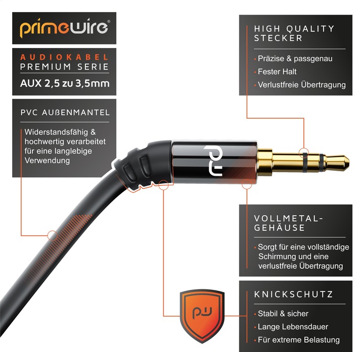 Actual product image Primewire 2.5mm Jack to 3.5mm Jack Audio Cable, AUX, HiFi Audio Adapter Jack Cable / Connector Cable (1.50 m, 3.5mm jack (AUX))