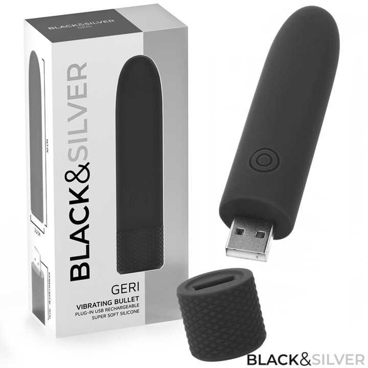 Actual product image Black&Silver Black & Silver - Geri USB Rechargeable Vibrating Bullet 8 Vibrations Black 10 X 2.2 cm