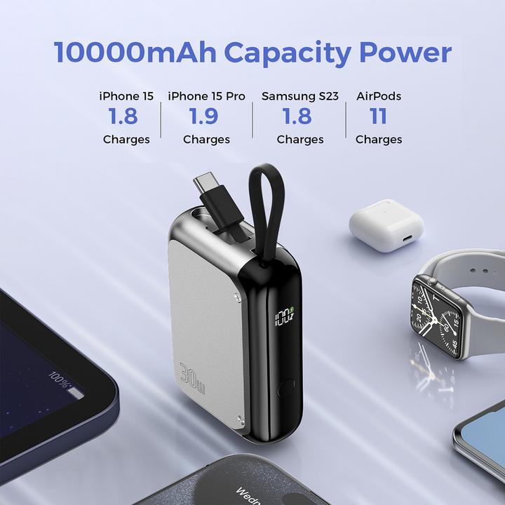 Produktbild 4smarts Powerbank Mit integriertem USB-C Kabel 10000 mAh, Silber (10000 mAh, 30 W, 37 Wh)