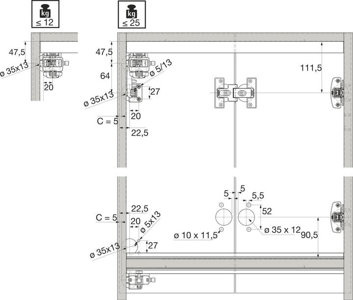 Actual product image Hettich Center hinge set with adjustable joint dimension and pivot point
