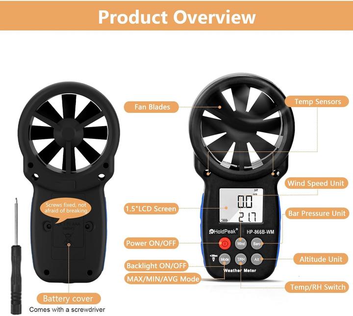 Produktbild Holdpeak Digitales Anemometer für Windgeschwindigkeit & Temperatur