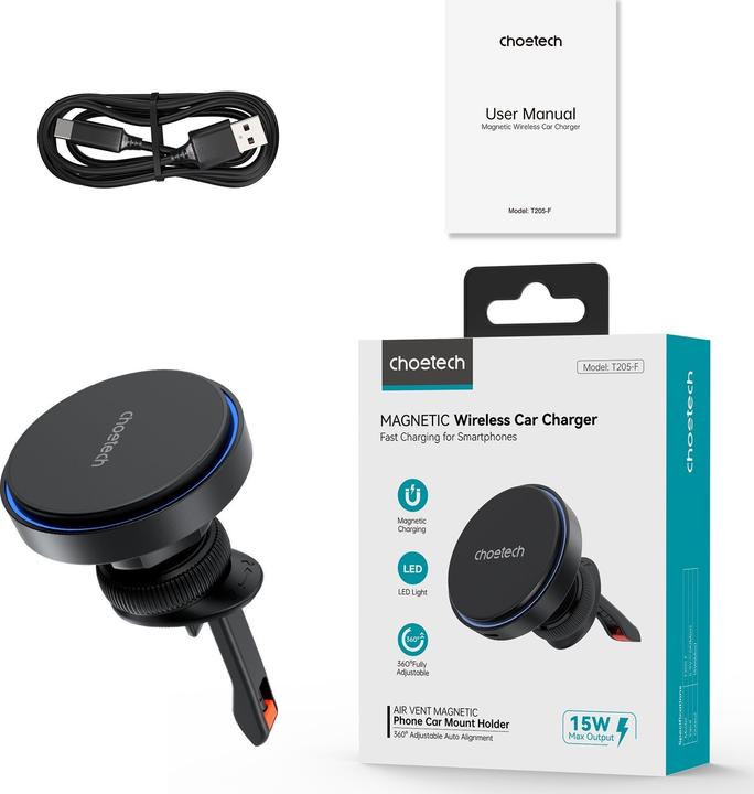 Actual product image Choetech T205-F magnetic holder with 15 W inductive charger - black