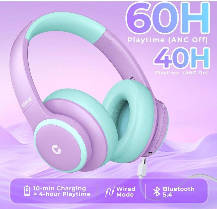 Actual product image Iclever Active Noise Cancel Headphones C17-2083N-01 BTH26, BT, 60h, purple-green (ANC, 60 h, Wireless)