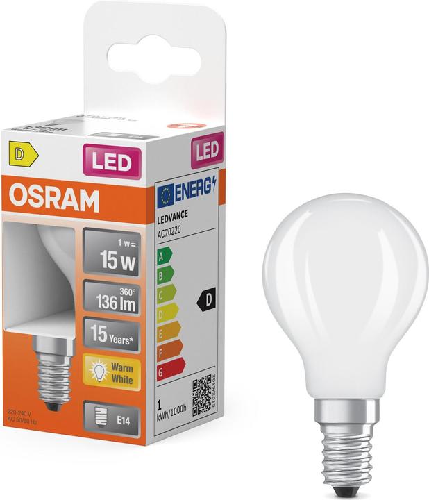 Osram LED Leuchtmittel LED Retrofit CLASSIC P 1W 827 Frosted E27 Warm weiss 4099854466564 (E14, 136 lm, 1 x)