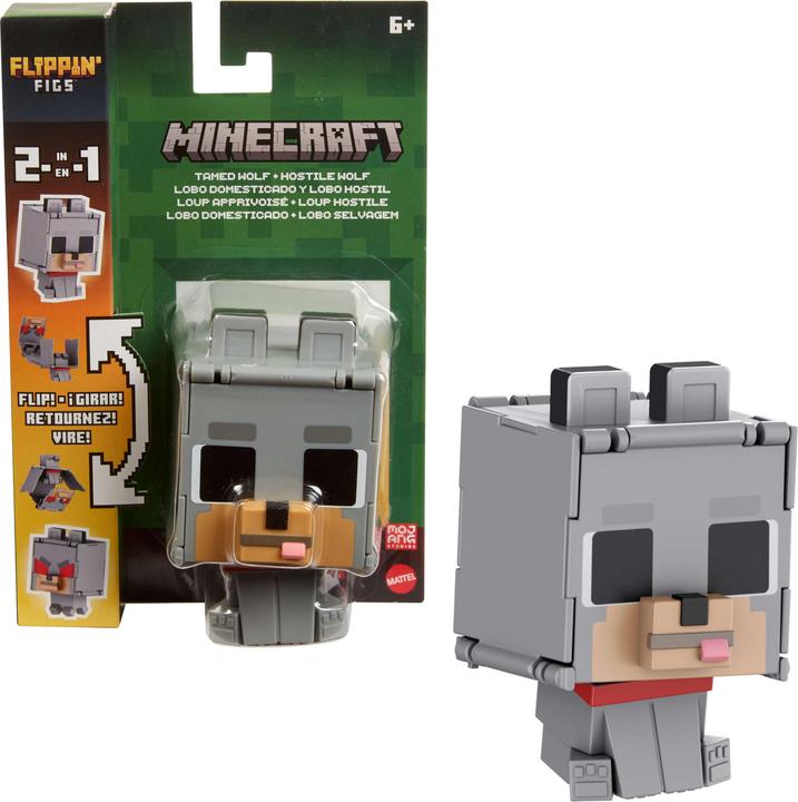 Actual product image Mattel MINECRAFT FLIPPIN' FIGS Hostile Wolf + Tamed Wolf