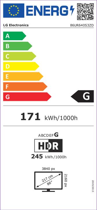 Energy Label LG 86UR640S3ZD 86 ", Landscape, 16/7, WebOS, 3840 x 2160 pixels, 330 cd/m² (3840 x 2160 Pixels, 86")