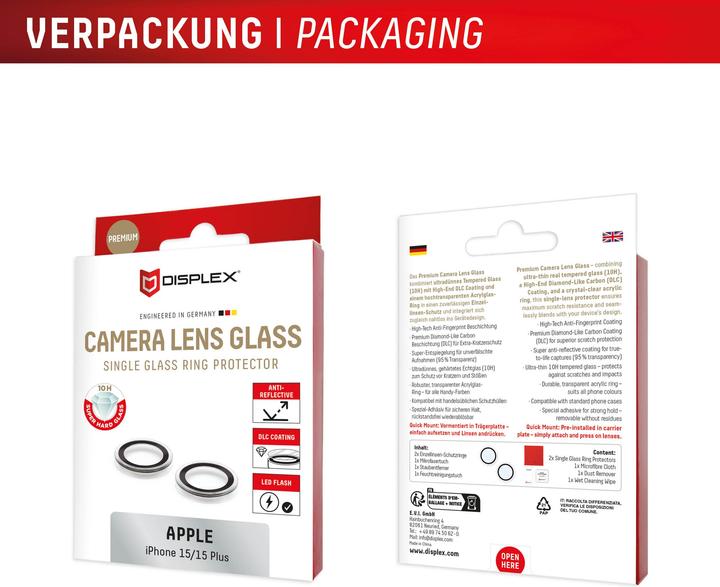 Productafbeelding Displex Premium Camera Lens Glass, Kamera Schutzglas, Einzelringe (1 Stuk, Apple iPhone 15, Apple iPhone 15 Plus)