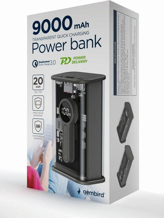 Actual product image Gembird PowerBank Transparent QC3.0 black (9000 mAh, 20 W, 33.30 Wh)