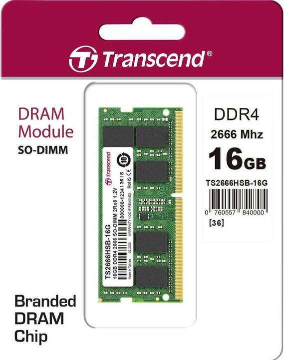 Produktbild Transcend DDR4 16 GB (2 x 8GB, 2666 MHz, DDR4-RAM, SO-DIMM)