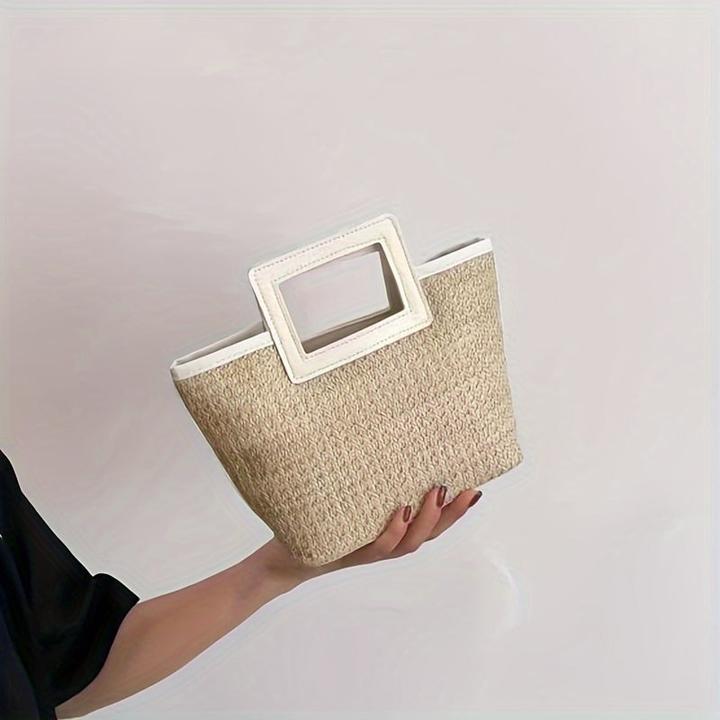 Produktbild Only-Bags.Store Stroh gewebt Handtasche, Boho Style Tote Bag, Sommer Tasche für Frauen, Stroh Kontrast Handtasche