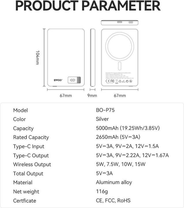Actual product image Bwoo magnetic power bank P75 PD 20W 5000 mAh with digital display and USB-C port black (5000 mAh, 20 W)