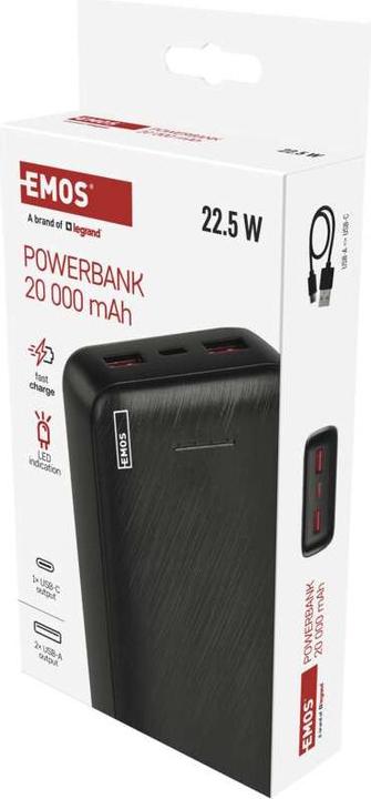 Immagine prodotto Emos Powerbank AlphaQ3, 20 000 mAh, 22,5 W, schwarz (20000 mAh, 22.50 W, 74 Wh)