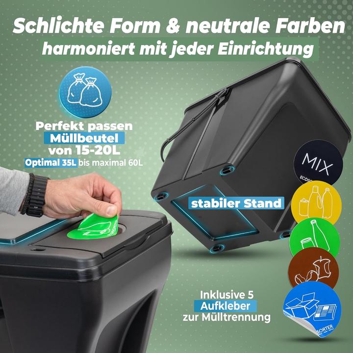 Produktbild Novaliv Mülltrennsystem 25L Mülleimer Trennsystem - Mülleimer 4 Fächer - Mülltrennsysteme stapelbar (25 l)