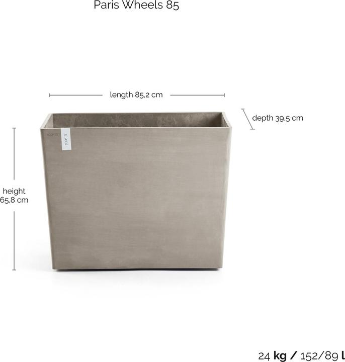 Produktbild Ecopots Paris Wheels 85 Blumentopf - L 85,2 cm x B 39,5 cm x H 65,8 cm - Innen- und Aussenbereich (85.20 x 39.50 x 65.80 cm)