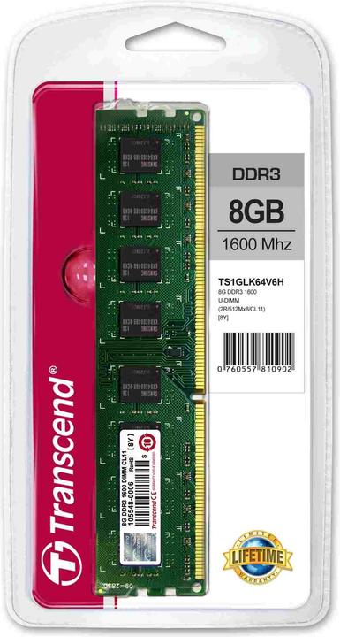 Actual product image Transcend 8Gb,DDR3,1600MHz,SDRAM,240pin DIMM (1 x 8GB, 1600 MHz, DDR3-RAM, DIMM)