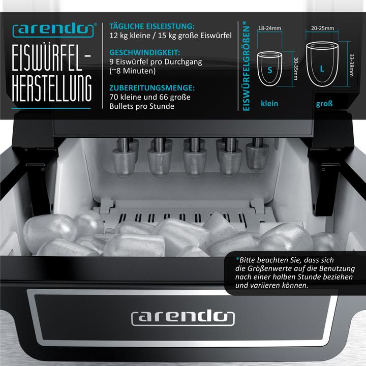 Produktbild Arendo Eiswürfelmaschine, 1,8 l Eiswürfelbereiter, 9 Eiswürfel in 8 Minuten, 105W Eiswürfelautomat, silber