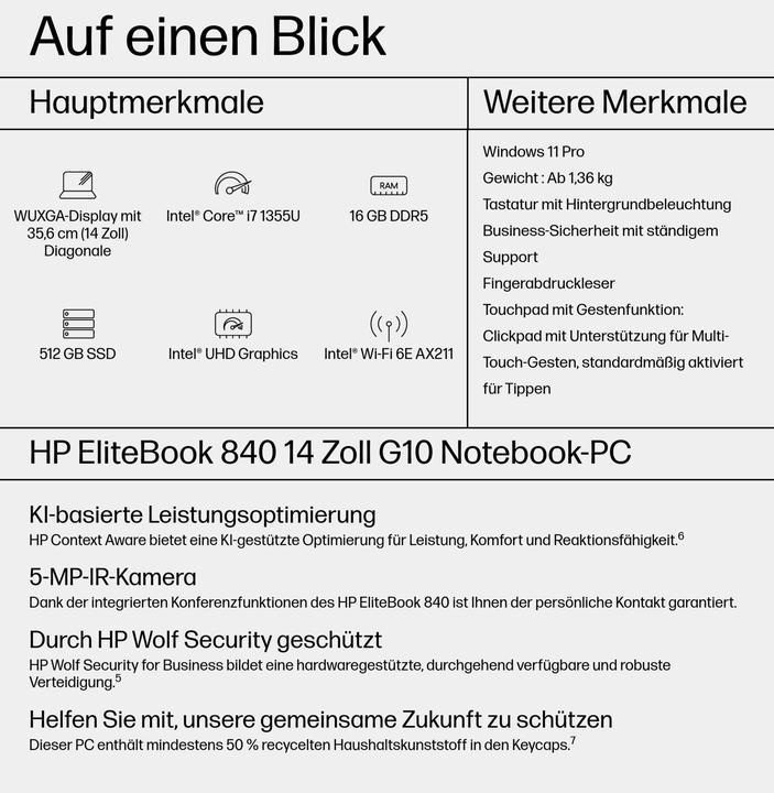 Produktbild HP EliteBook 840 G10 Intel Core i7-1355U 35,5cm 14Zoll WUXGA 16GB 512GB/SSD W11P 3J Gar (DE) (14.02", Intel Core i7-1355U, 16 GB, 512 GB, DE)