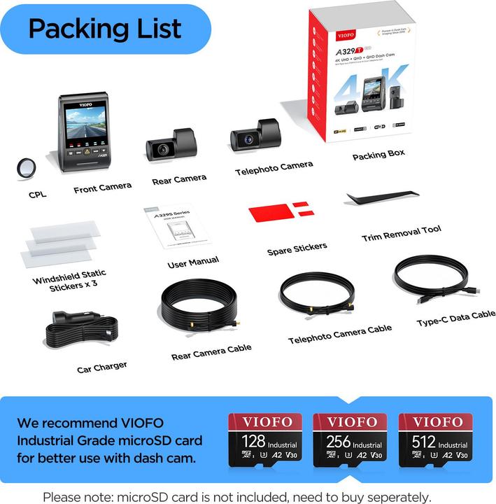 Actual product image Viofo A329T 3CH (Bluetooth, GPS receiver, Built-in microphone, 4K)