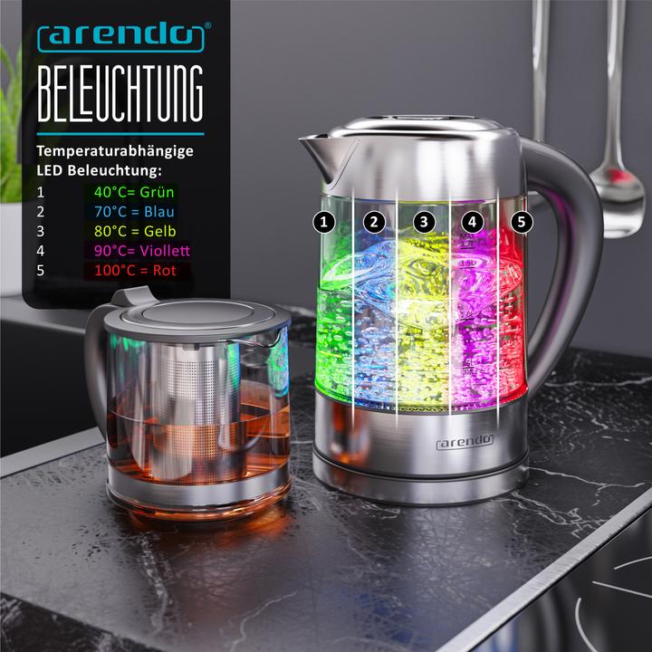 Produktbild Arendo Wasserkocher mit Temperatureinstellung aus Glas & Edelstahl, Teesieb, Teekocher, 1,7 L, 2200 W (1.70 l)