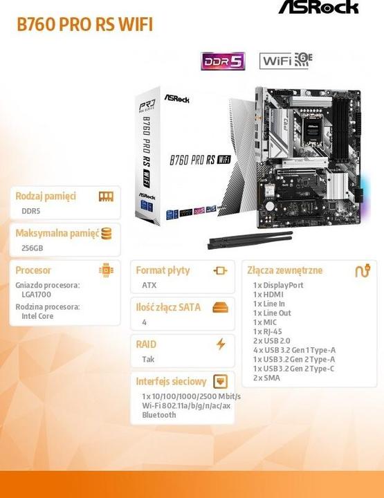 Produktbild AsRock B760 Pro RS WiFi (LGA 1700, Intel B760, ATX)