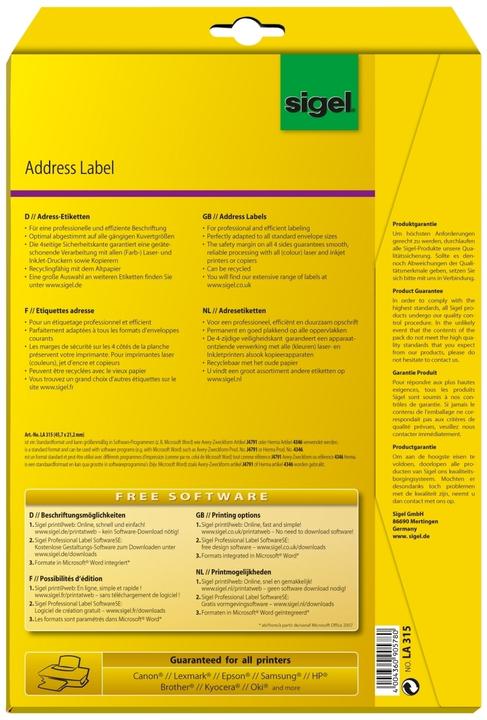 Valori nutrizionali e ingredienti Sigel Etichette di indirizzo