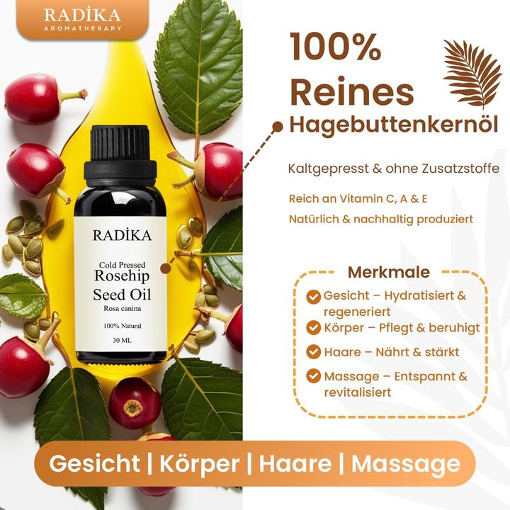 Image du produit Radika Huile de cynorrhodon, pressée à froid, 100% pure, BIO, naturelle, 30 ml (Huile pour le corps, 30 ml)