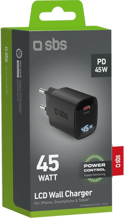Image du produit SBS Chargeur de voyage PD 45W USB-C écran LCD GaN noir (45 W)