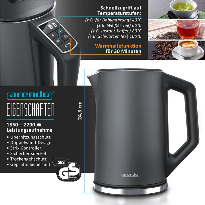 Actual product image Arendo Breakfast set, stainless steel kettle 1.5l with temperature setting & egg boiler for 7 eggs, grey