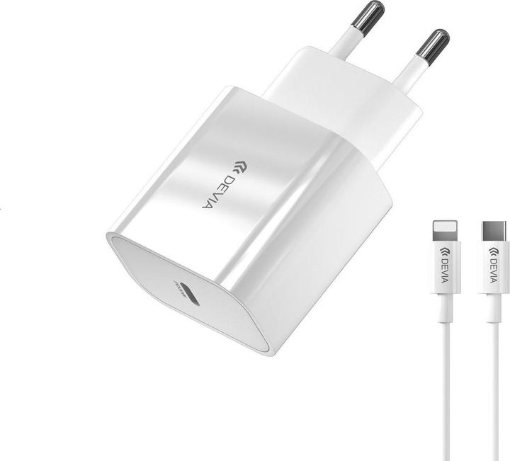 Devia wall charger Smart PD 20W 1x USB-C white + Lightning - USB-C cable V2 (20 W, 1 portion)