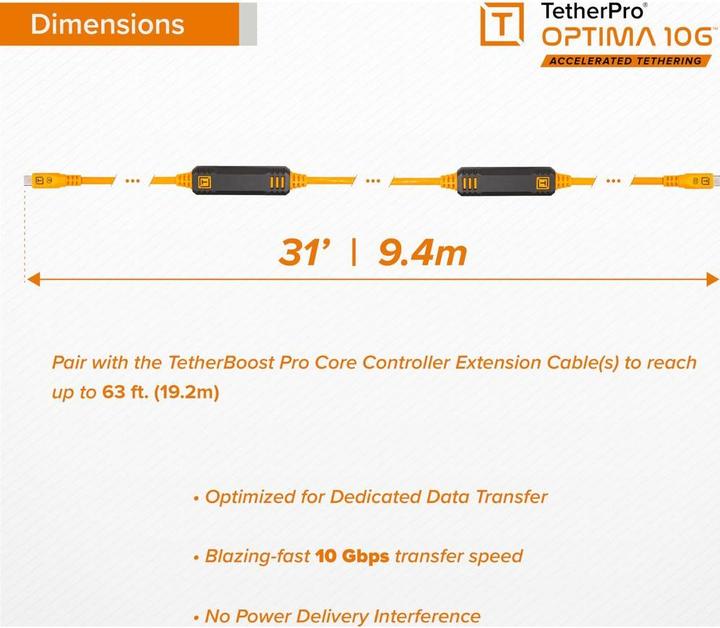 Productafbeelding Tether Tools TetherPro USB-C Optima 10G gerade schwarz 9,4m (9.40 m, USB 3.2 Gen 2)