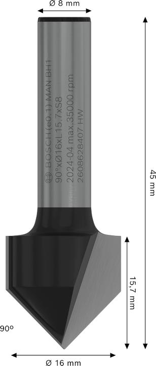 Actual product image Bosch Professional Zubehör V-groove cutter, 8 mm, D1 16 mm, L 16 mm, G 45 mm, 90°