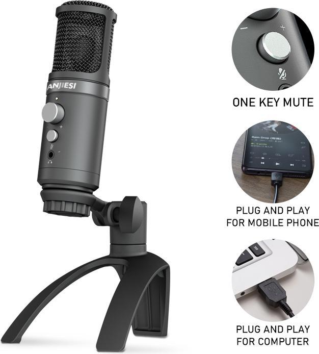 Actual product image PhoneLook Hi-Rec microphone professionnel aluminium pour studio et podcast incl. pied ajustable et prise AUX