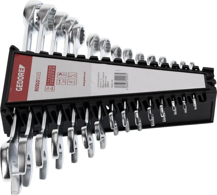 Actual product image Gedore Red red Combination spanner set, 15 pieces, SW 6-32, chrome vanadium steel, silver (32 mm, 19 mm, 6 mm, 12 mm, 24 mm, 14 mm, 22 mm, 16 mm, 23 mm, 10 mm, 21 mm, 18 mm, 27 mm, 7 mm, 31 mm, 17 mm, 11 mm, 15 mm, 26 mm, 30 mm, 8 mm, 28 mm, 9 mm, 29 mm, 13 mm, 20 mm, 25 mm)