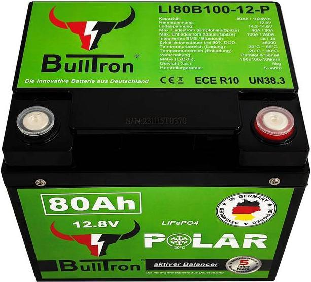 Immagine prodotto Bulltron Batterie Polar 80 Ah LiFePO4 12,8 V Akku mit Smart BMS, Bluetooth App, aktiver Balancer und (12.80 V, 80 Ah)