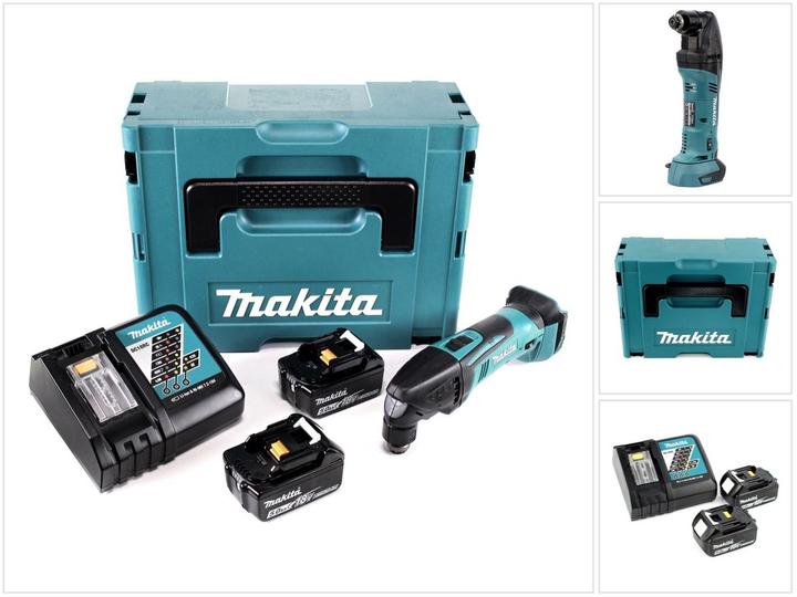 1x Makita DTM 50 18V Li-Ion Akku Multifunktionswerkzeug Solo, 2x Makita BL 1850 B 5,0 Ah Akku, 1x Makita DC18RC Ladegerät, 1x Makita Makpac 2 mit Schaumstoffeinlage, 1x Imbusschlüssel 5