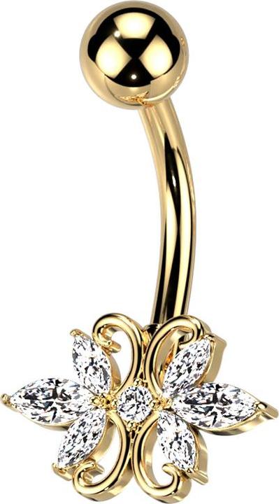 Produktbild Star Piercing Banane vergoldet mit Kugel doppel Herz Kristalle silber (Messing, Chirurgenstahl 316L)