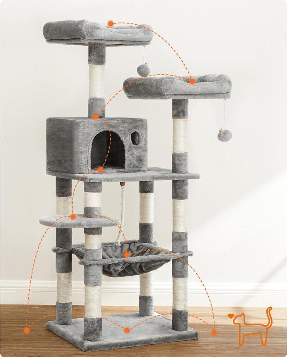 Actual product image Feandrea Cat tree with hammock (143 cm, Beige, Grey, Light grey)