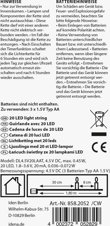 Produktbild Idena LED Lichterkette 20er warmweiss für Innen (1.80 m)