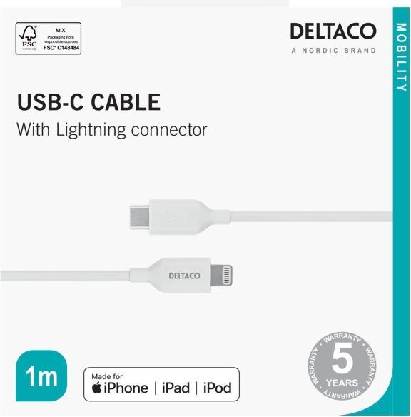 Actual product image Deltaco Lightning cable USB-C - Lightning, 1m, Apple C94 chipset FSC-labeled package, white (1 m, USB 2.0)