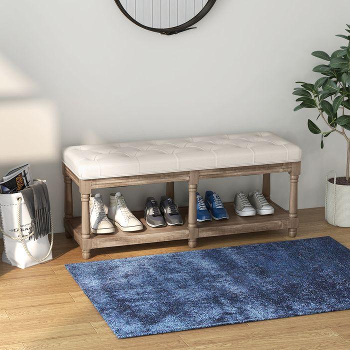 Immagine prodotto Swisshandel24 Panca per scarpe, spazio per riporre oggetti, aspetto lino, gambe in legno, crema 115x40x48cm (40 cm)