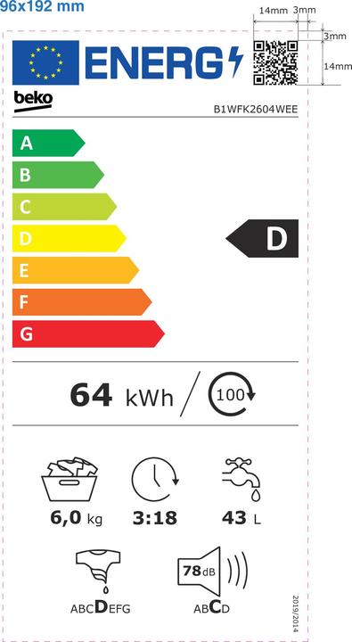 Energie-Label Beko B1WFK2604WEE (6 kg, Links)