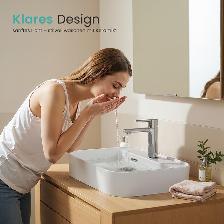 Produktbild Emke Aufsatzwaschbecken Keramik Waschbecken Hängewaschbecken Eckiger Waschtisch Weiss Glänzend 400 x (400 mm, 400 mm)