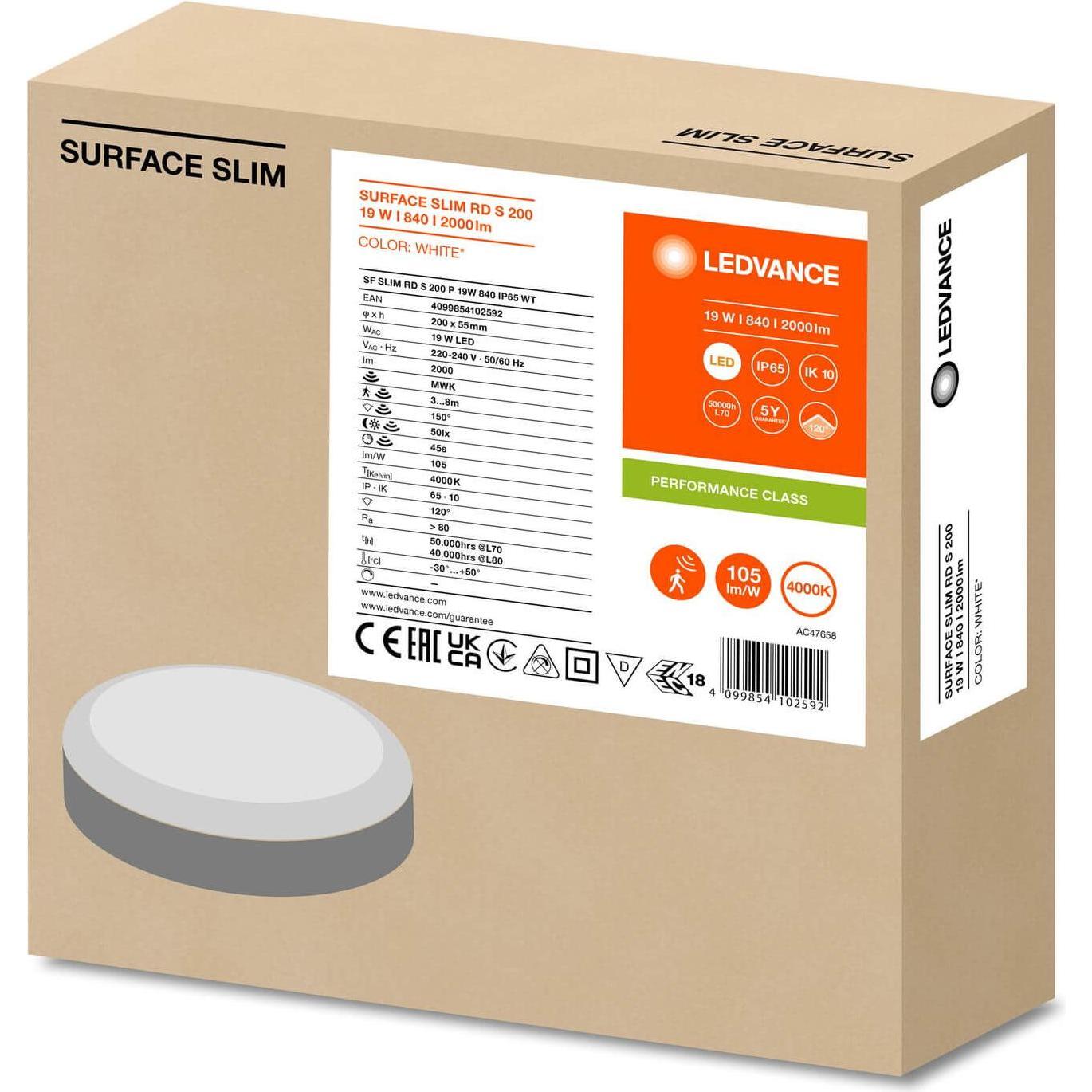 Thumbnail - Ledvance, Wandleuchte + Deckenleuchte, SURFACE SLIM Wand-/Deckenleuchte IK10 rund 200 Sensor 19W 840 weiss IP65 (2000 lm...