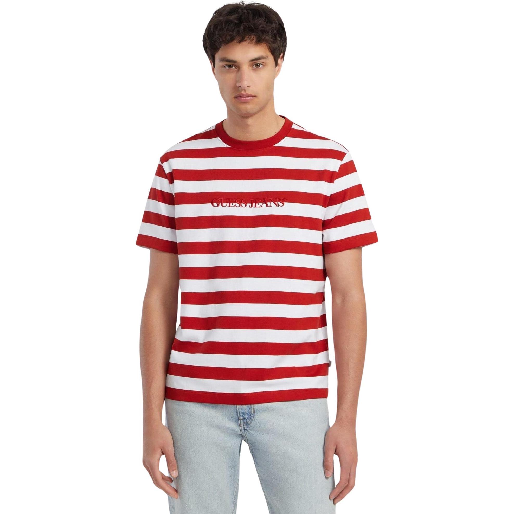 Thumbnail - Guess, Herren, Shirt, gestreiftes t-shirt it logo, Rot, Weiss, (M)