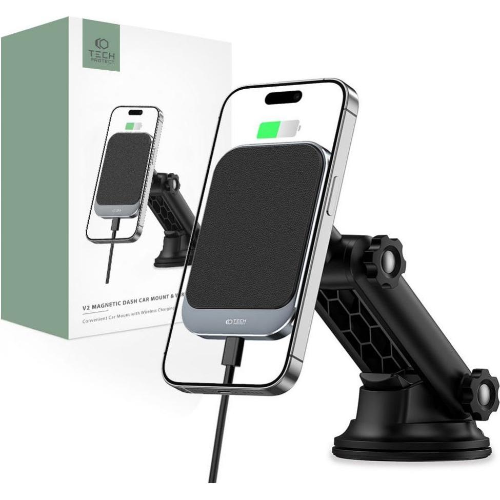 Tech-Protect MM15W-V2 car phone holder with MagSafe 15W inductive charger for the cockpit - black, Smartphone Halterung,...