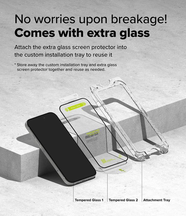 Produktbild Ringke Screen Protector for iPhone 16 / 15 EASY SLIDE TEMPERED GLASS 2 pack, w installation Jig (2 Stück, Apple iPhone 16)