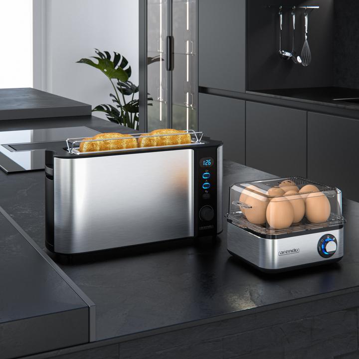 Actual product image Arendo Breakfast set, 2-slice long slot toaster with bread roll top & egg boiler for 8 eggs, silver