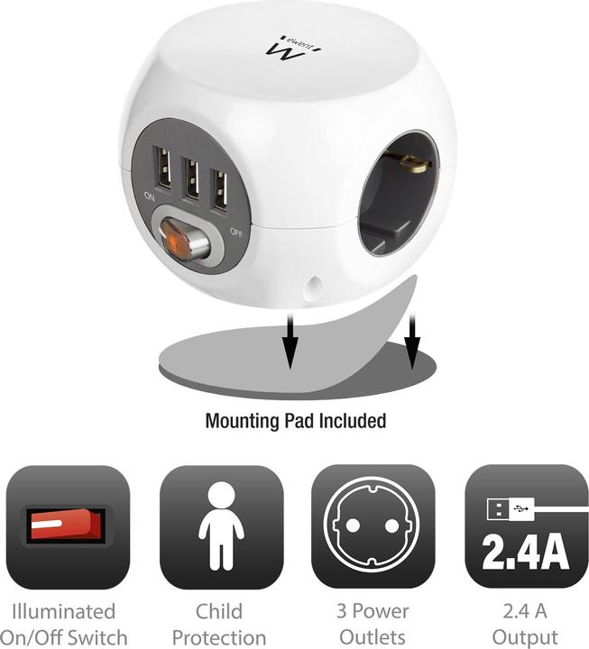Produktbild Ewent Power distribution unit with USB ports, 3 sockets, 1.5m, white (3x, CEE 7/16, 1.50 m)