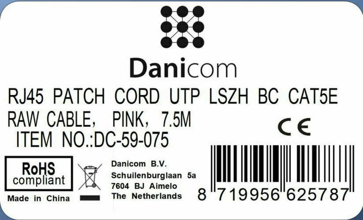 Produktbild Dsit CAT5e Netzwerkkabel, U/UTP, 7 meter, Rosa, 100% Kupfer (U/UTP, CAT5e, 7 m)